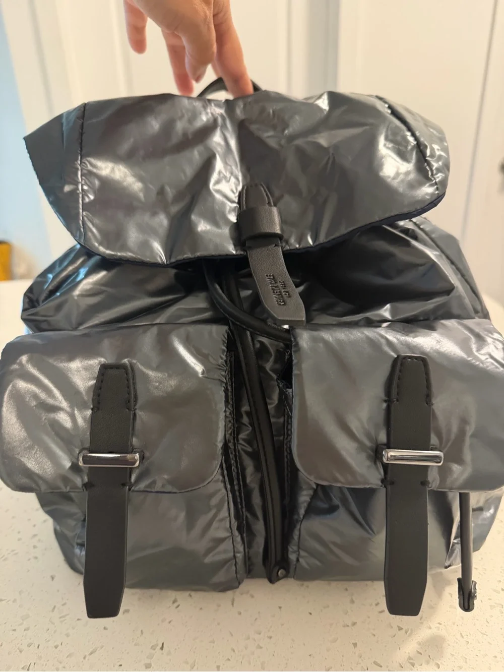 Kenneth Cole NY The Vesey Puffy Nylon Drawstring Backpack - Metallic Gray